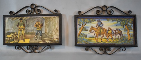 Escenas del Quijote, 2 cerámicas de Talavera con marcos de hierro. 26 x 13 cm. Total: 23 x 28 cm.