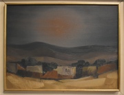 F. Prada, Paisaje Serrano con casas, óleo. Mide: 45 x 60 cm.