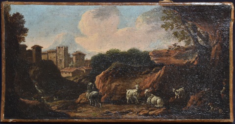 Rosa Da Tivoli, cabras junto a la ciudad, óleo sobre tela. Mide 19x36,5cm