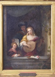 Cornelis Troost, Musiciens a la fenetre, óleo sobre tabla.Mide: 29 x 22,2 cm