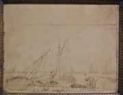 Marina, barca junto al puerto, Boceto a la tinta sobre madera, firmado. 27,5 x 35 cm