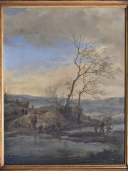 Escuela Holandesa siglo XVIII, Cruzando el arroyo, óleo sobre tela. Col. Lorenzo Pellerano. Mide 51 x 39 cm.