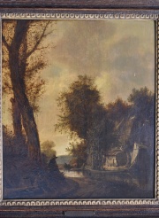 Escuela de Ruysdael, personajes junto a una casa, óleo sobre tabla. Mide 42x37 cm