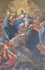 La Virgen y el Niño con santos, óleo sobre tela. Mide 65x42,5 cm