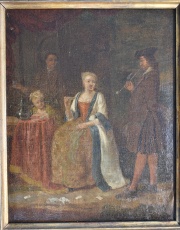 Escuela francesa siglo XVIII Tomando el té., óleo sobre tela reentelado. Mide 40 x 32 cm