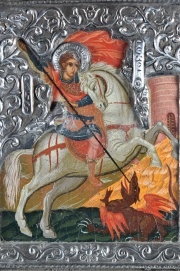 Icono, San Jorge, con montura plateada. (40) más lámina de Virgen con niño enmarcada