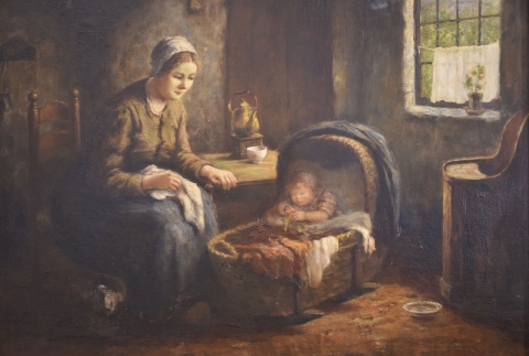 Martinus Jacobus Nefkens. Madre con Niño en su cuna, óleo firmado M.J. Neskens. (222)