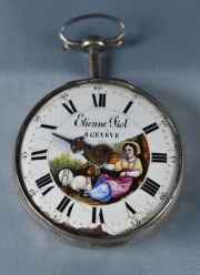 Reloj de Bolsillo Suizo, Etienne Piot a Geneve. Mujer con ovejas en esmalte. Cachaduras. (563).