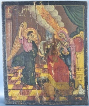 LA ANUNCIACION, Icono pintado sobre madera, rajadura. 30,5 x 25 cm.