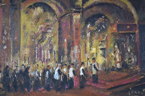 Cerrito, Egidio, Interior de iglesia con procesión, óleo 50 x 68 cm.