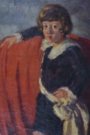 C. Bernardo de Quirós. El Hijo del Patrón (J.L.Pagano (h)) sobre manto federal, óleo s/tela, saltaduras. 100 x 78 cm.