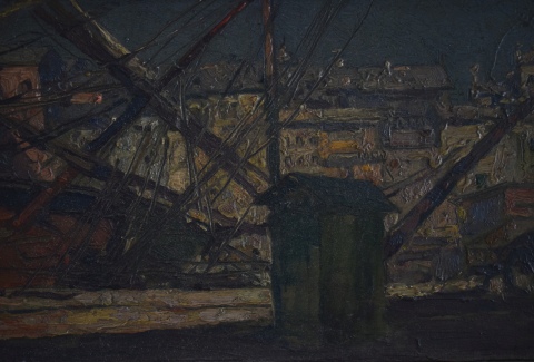 Decoroso Bonifanti. Puerto, óleo 1915. aprox. 13 x 22 cm.