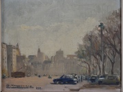 Heynemann, David. Calle de Bs. As. con trolebus, óleo. 24 x 30 cm.