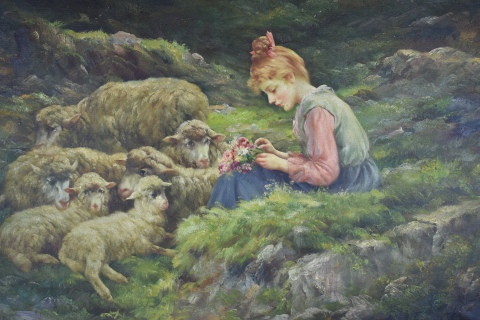 Joven con ovejas, óleo. 50 x 70 cm. Enmarcado.