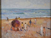Montoya Ortiz, Playa con sombrilla, óleo 50 x 60