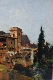 Joaquin Sorolla. Casa y Arboles, óleo sobre tela 14 x 21 cm