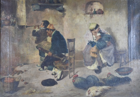Patios con Personajes, dos óleos de escuela italiana. 31 x 45 cm. Uno firmado Rolli, Nápoli.