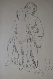 Maternidad, dibujo, firmado ilegible. Mide: 44 x 30 cm.