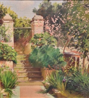 Max Slevogt, Atribuido, Patio Florido con Escalinata, óleo 33 x 30 cm