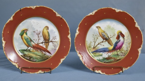 Seis platos porcelana Limoges con aves.