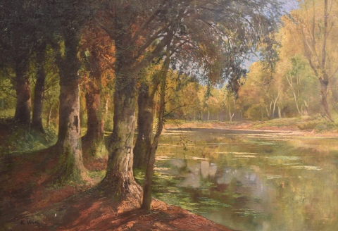Karl VIKAS. Paisaje fluvial con árboles, óleo sobre tela, 91 x 127 cm. cascaduras.