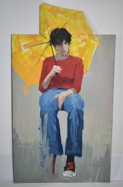 Julio Alan Lepez,' 2 X 3 '(Joven sentado con praguas), Téc. mixta sobre tela. 80 x 144 cm.