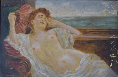 Desnudo con abanico, óleo sobre tela, deterioros. 23 x 32 cm.