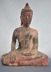 Buda, Figura Hindú, talla madera, faltantes. 30 cm.