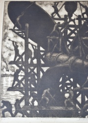 Quinquela Martin 'Hélice en Reparación', aguafuerte pegada sobre cartón, desperfectos en los margenes. 65 x 49 cm.