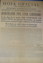 Hoja Oficial de Barcelona, número extraordinario del 27 de enero de 1939, editada en una sola hoja con