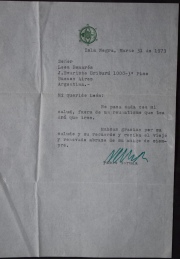 Carta mecanografiada y firmada del Escritor Pablo Neruda, Dirigida al señor León Benaros, 31 de marzo 1973.