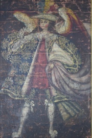 Angel Arcabucero, óleo, deterioros. Mide: 100 x 65 cm.