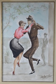 Pastor, Sigfredo. Bailarines de tango, acuarela. Mide: 32 x 20, 5 cm.