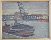 Botti, I. Barcas en el riachuelo, óleo. Mide: 23 x 29 cm.
