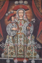 Virgen Peregrina, óleo escuela Quiteña. Mide: 34 x 24 cm.