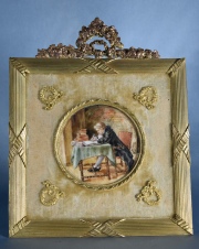 Portarretrato de bronce con miniatura. 'El Joven escribiendot'. D'apres Meissonier