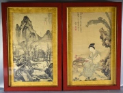PAISAJE Y DAMA PINTANDO, dos pinturas chinas sobre papel, firmadas. Desperfectos. Miden: 43 x 24 cm.