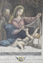 SAINTE FAMILLE, grabado en colores realizado por A. Romanet, de una pintura de Raphael Sanzio. Manchas. Mide: 24 x 18,5