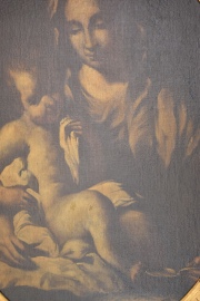 ESCUELA DE BERNARDO STROZZI IL CAPPUCCINO, Virgen y el Niño, óleo sobre tela. Desperfectos. Mide: 101 x 76 cm.