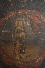 ANONIMO, LA CRUCIFIXION, óleo sobre tela reentelado, rayaduras. Mide:84x64 cm