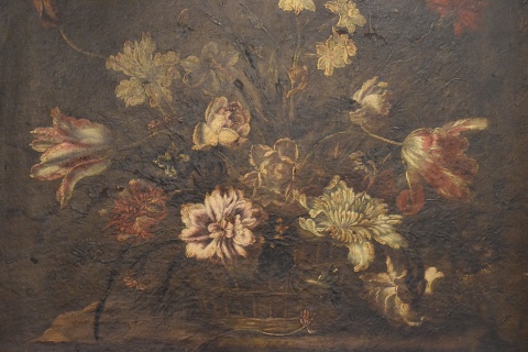 Canasta con flores, óleo sobre tela. Anónimo. Desperfectos.Mide: 51 X 60 cm.