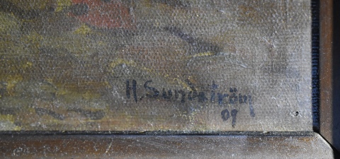 Entrada Arbolada, óleo firmado H. Sundström. Mide: 58 x 83 cm.