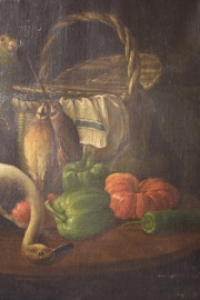'Naturaleza muerta con Canasta y loro', óleo sobre tela firmado Art.T.Cor C. 1861. Desperfectos. Mide: 66 x 84 cm.