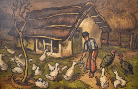 Bustillo, Alimentando a los Patos, óleo. Año 1945. Mide: 93 x 132 cm.