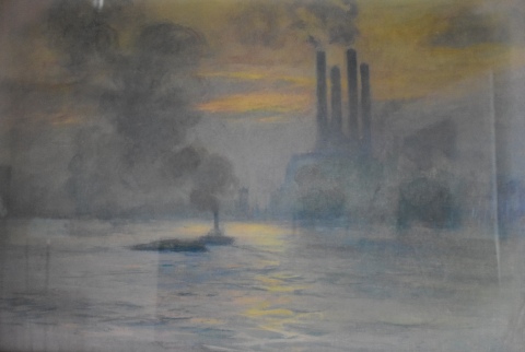 Anónimo 'Paisaje Maritimo con chimeneas atrás', pastel, sin firma. Mide: 48 x 69 cm.