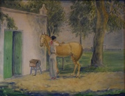 Bustillo A. ensillando, óleo, firmado A.B. 73. (Gaucho con caballo). 50 x 65 cm.