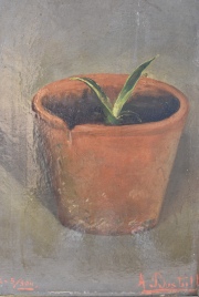 Alejandro Bustillo 'Maceta con planta', óleo. Mide: 22,4 x 16,5 cm.