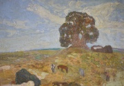 Pedro Figari. Paisaje con Ombú y caballos, óleo firmado abajo a la derecha P.Figari. Mide 39.5 x 50 cm.