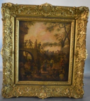 Dos óleos Escuela de Pietro Longhi. ESCENAS DE EXTERIOR CON PERSONAJES. Miden: 28 x 23,7 cm.