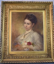 George HICKS. Retrato de Joven con Rosas en sus manos, Oleo. Pequeñas saltaduras. Mide: 61 x 51 cm.